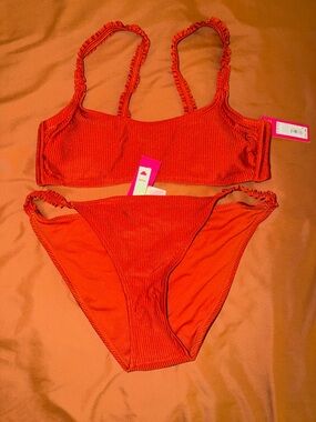 Ribbed Burnt Orange Bikini Set - Bright Orange-Red